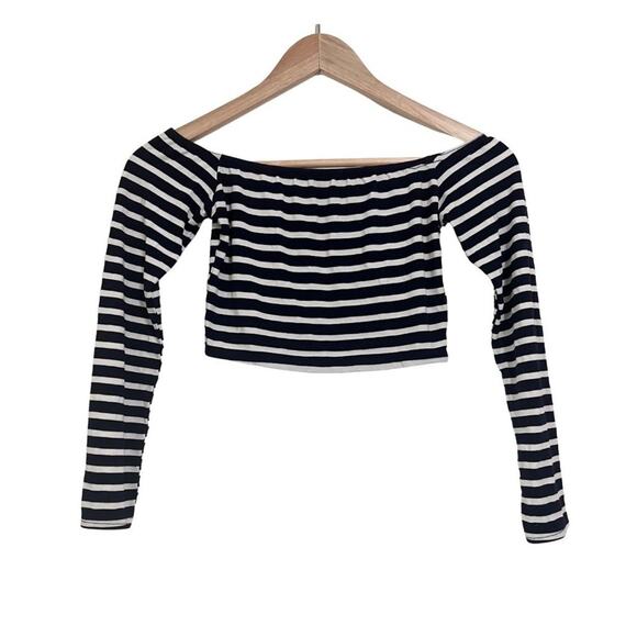 Missguided Navy and White Striped Off the Shoulder Long Sleeve Crop Size 8 - Picture 1 of 5